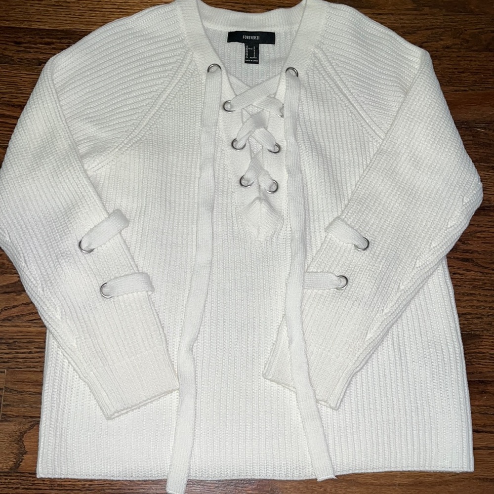 Forever 21 White Tie Up Sweater